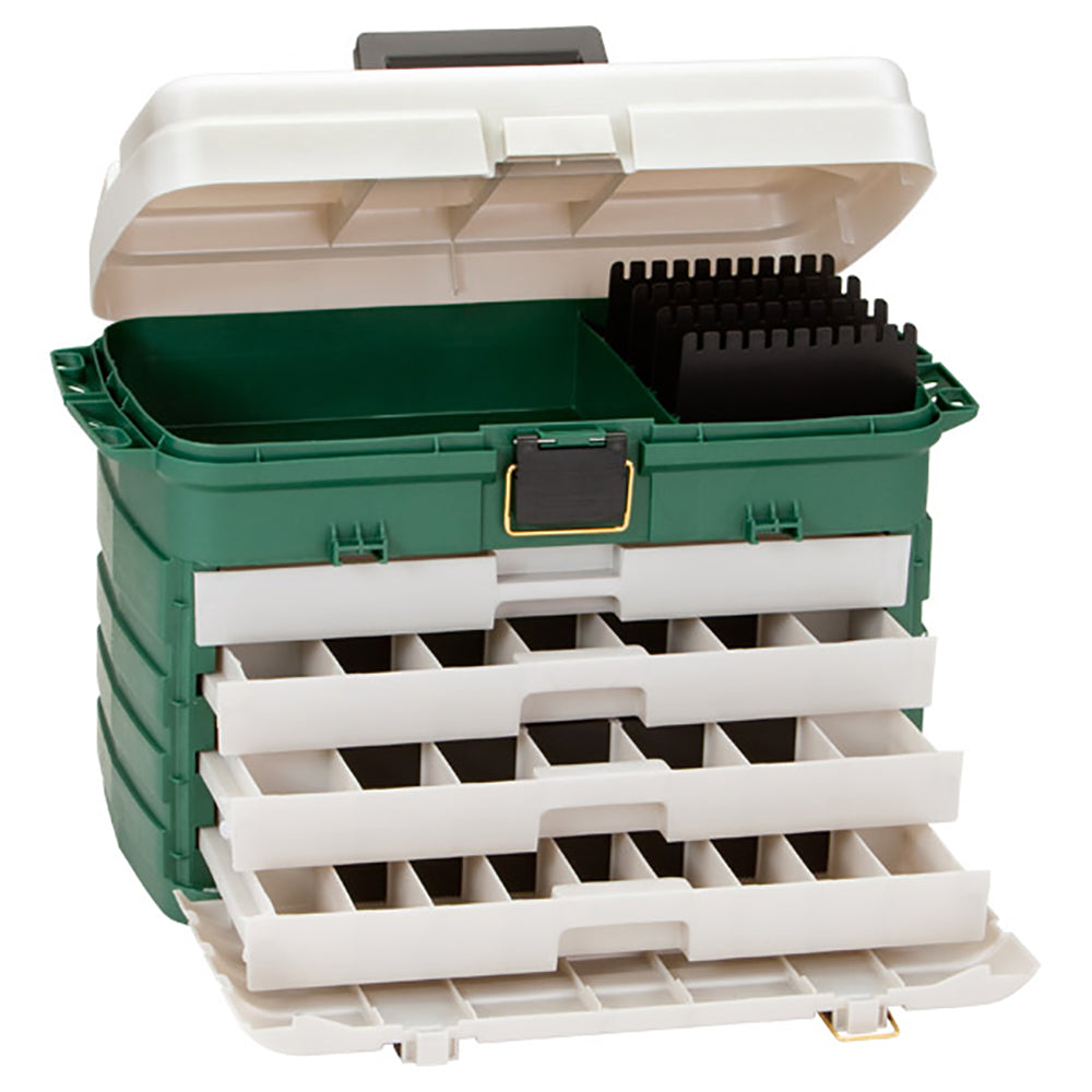 Plano 4-Drawer Tackle Box in Green Metallic and Silver with removable bait racks and brass-bailed latch