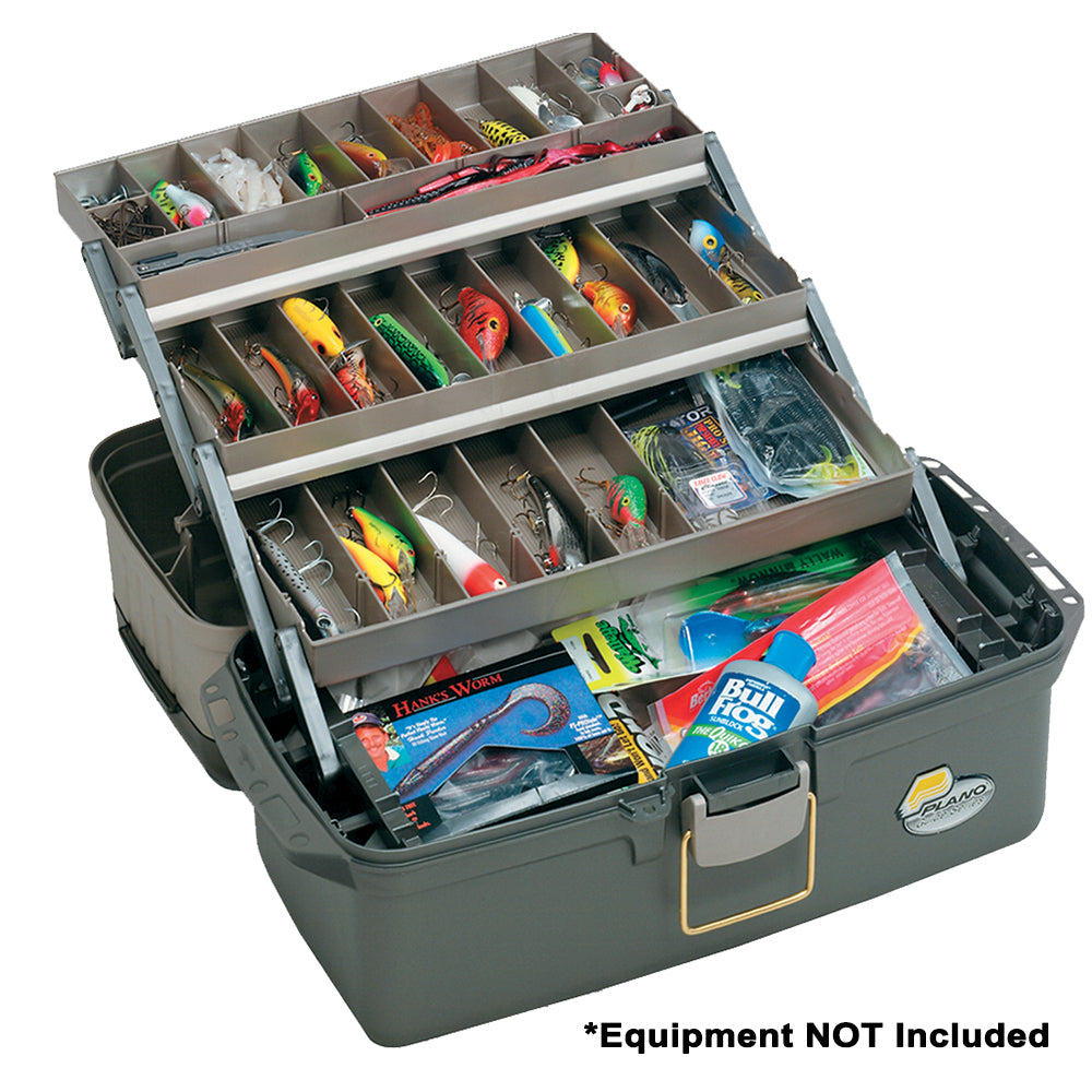 Plano Guide Series Tray Tackle Box in Graphite and Sandstone, 19.25x10x9.75 inches with three trays and DuraView lids