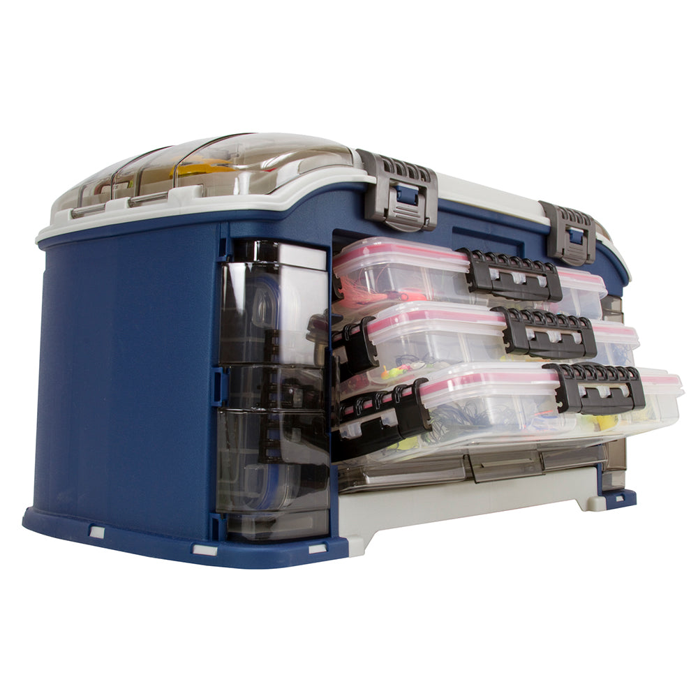 Plano Elite Series Angled Tackle System 3700 in Blue with angled compartment and DuraView covers