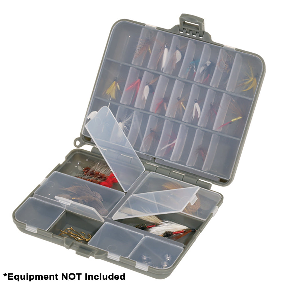 Plano Compact Side-By-Side Tackle Organizer in grey and clear with adjustable compartments for small jigs and flies