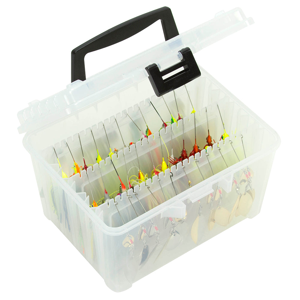 Plano Hydro-Flo Spinnerbait Box in clear showing adjustable racks and ProLatch closure