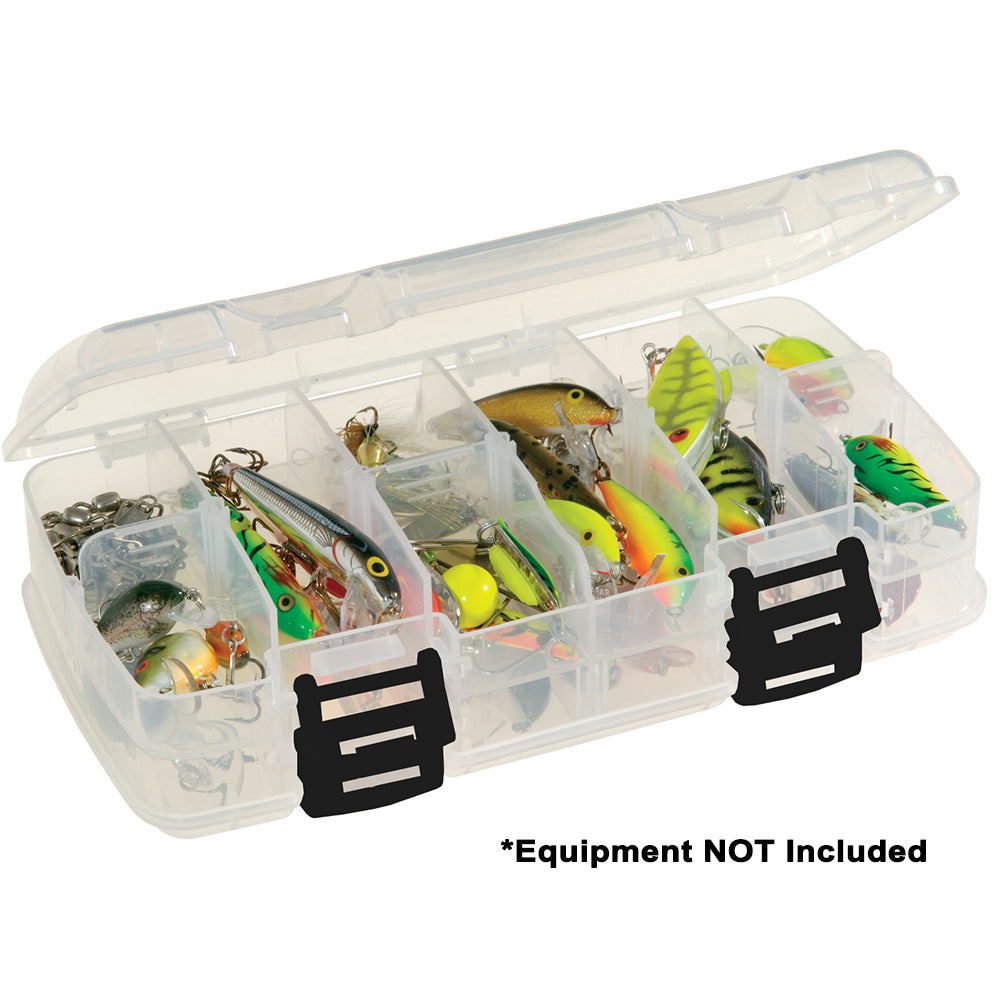 Plano Adjustable Double-Sided Stowaway Medium 3400 clear tackle tray open showing adjustable compartments