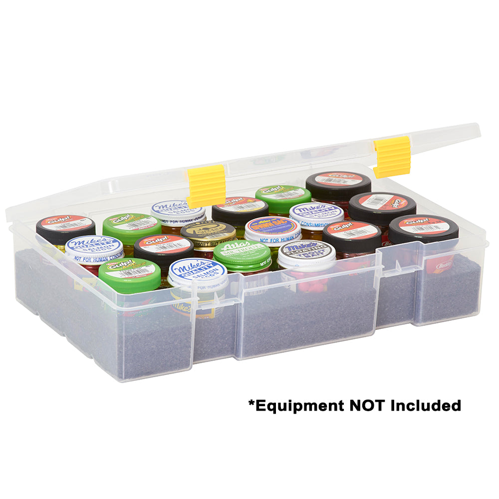 Plano ProLatch Stowaway 3700 clear bait container holding up to 18 bait jars with foam interior and ProLatch closures