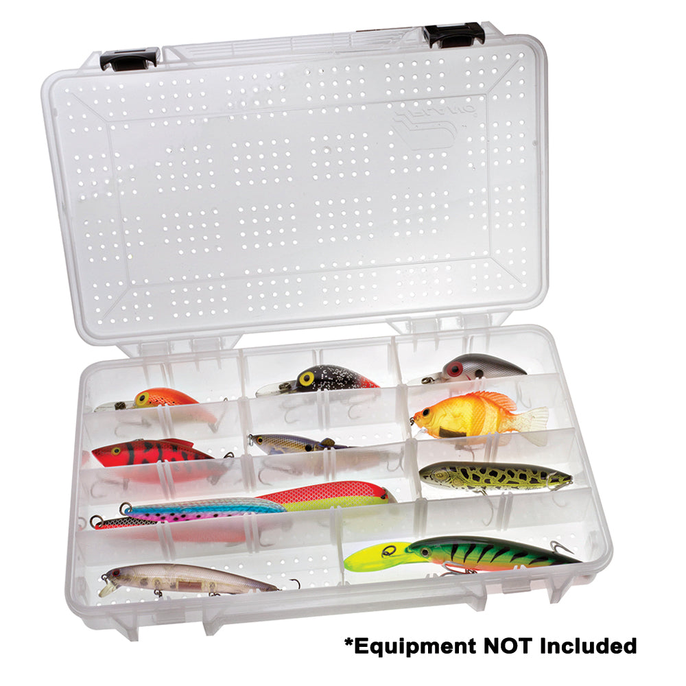Plano Hydro-Flo Stowaway 3700 clear tackle storage tray with adjustable compartments, 14x9x2 inches