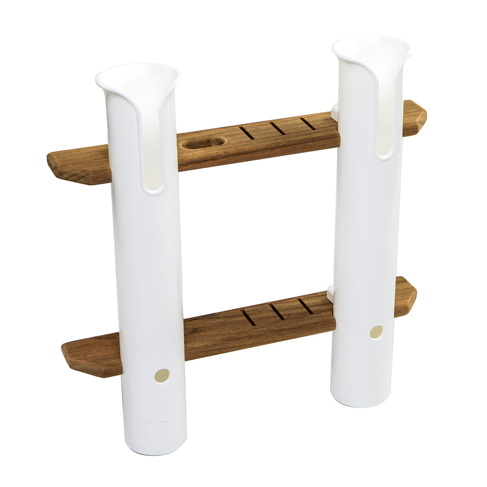 Whitecap teak 2-rod tournament storage rack with white polypropylene tubes and knife and plier holders
