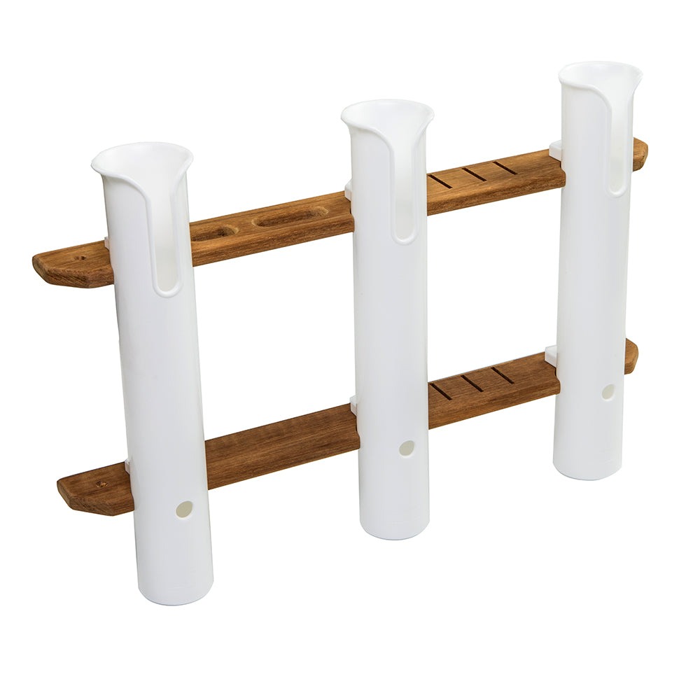 Whitecap teak 3-rod tournament storage rack with white polypropylene tubes and knife and plier holders