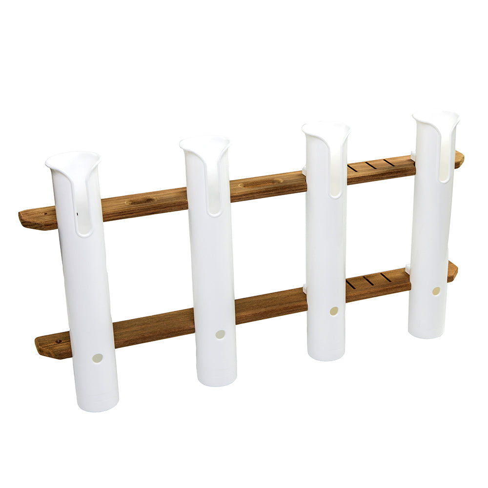 Whitecap Teak 4-Rod Tournament Storage Pack with white polypropylene rod tubes and knife and plier holders