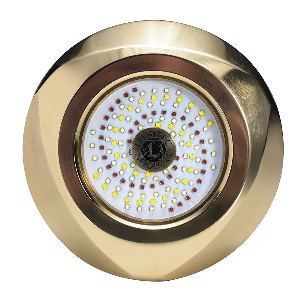 Lumitec SeaBlaze Typhoon underwater bronze thru-hull LED light showing White/Blue and RGBW Spectrum variants