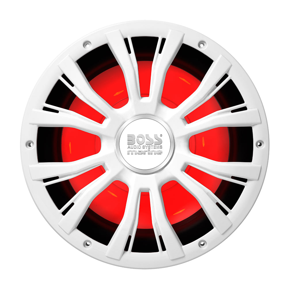 Boss Audio MRGB10W 10-inch white marine subwoofer with RGB lighting and wireless remote