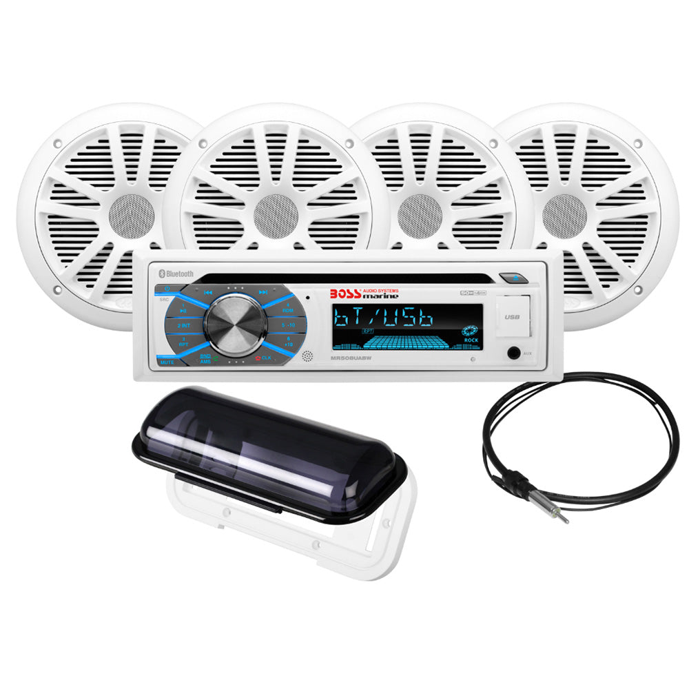 Boss Audio MCK508WB.64S marine stereo kit with two pairs of white 6.5-inch weatherproof speakers and antenna