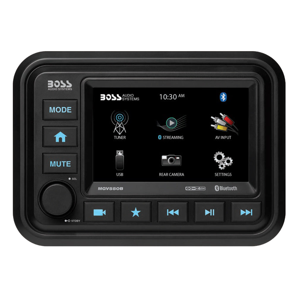 Boss Audio MGV550B marine stereo with 5-inch multicolor display, Bluetooth, and rear camera input