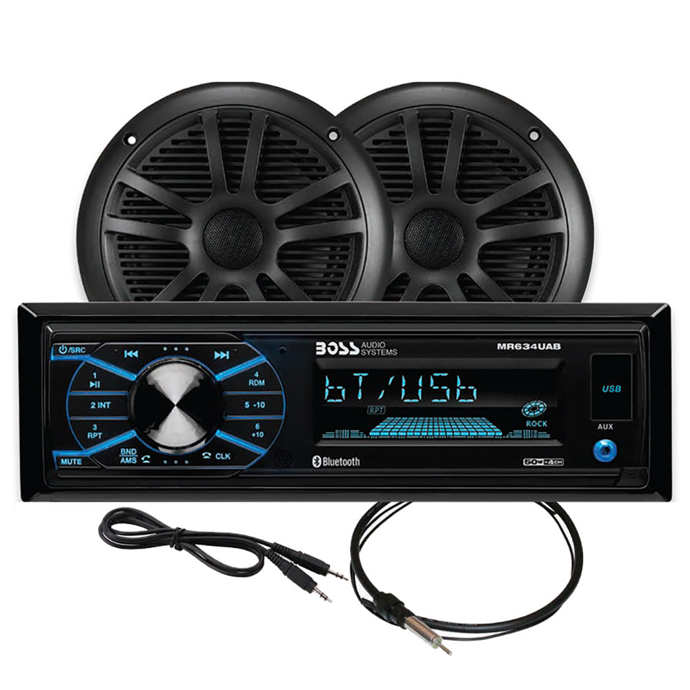 Boss Audio MCBK634B.6 marine stereo and black 6.5-inch speaker kit with antenna and accessories