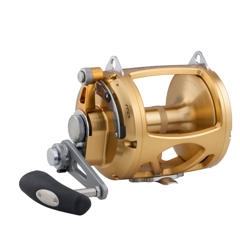 PENN International 80VISW 2-speed lever drag conventional reel in gold, wide spool, right-hand retrieve