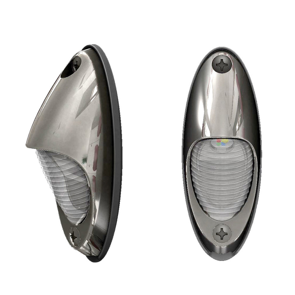Lumitec Nautilus warm white piling light in stainless steel housing mounted on dock post