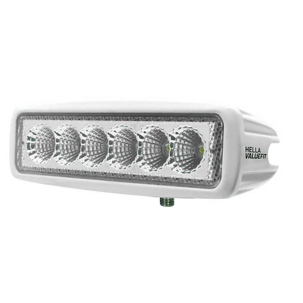 Hella Marine Value Fit Mini 6 LED Flood Light Bar in white with die-cast aluminum housing and stainless steel bracket