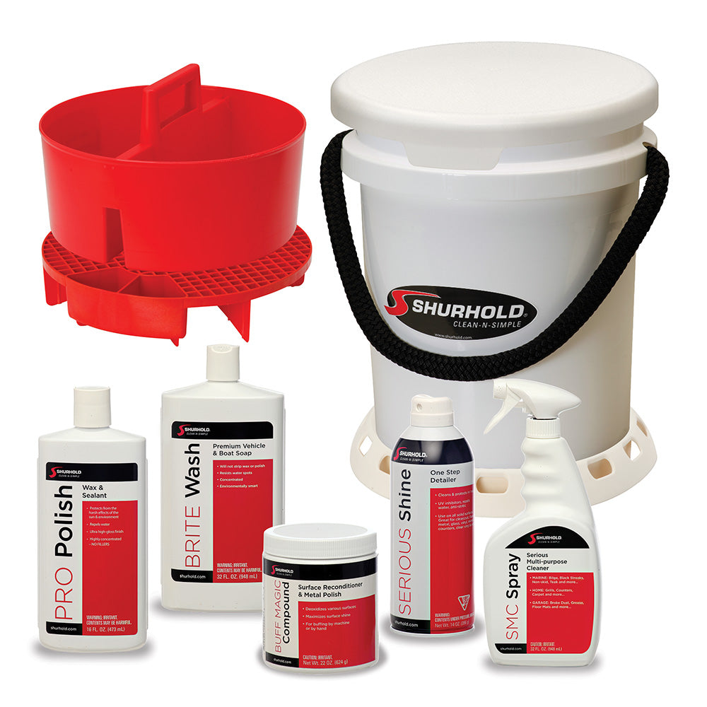 Shurhold 5 Gallon White Bucket Kit - Includes Bucket, Caddy, Grate Seat, Buff Magic, Pro Polish Brite Wash, SMC & Serious Shine