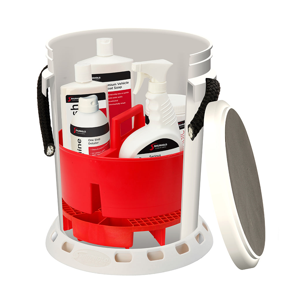 Shurhold 5 Gallon White Bucket Kit - Includes Bucket, Caddy, Grate Seat, Buff Magic, Pro Polish Brite Wash, SMC & Seriou