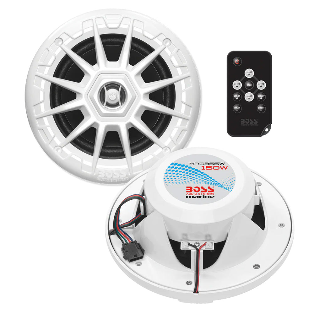 Boss Audio MRGB55W 5.25 inch white marine speakers with RGB lighting and RF remote controller