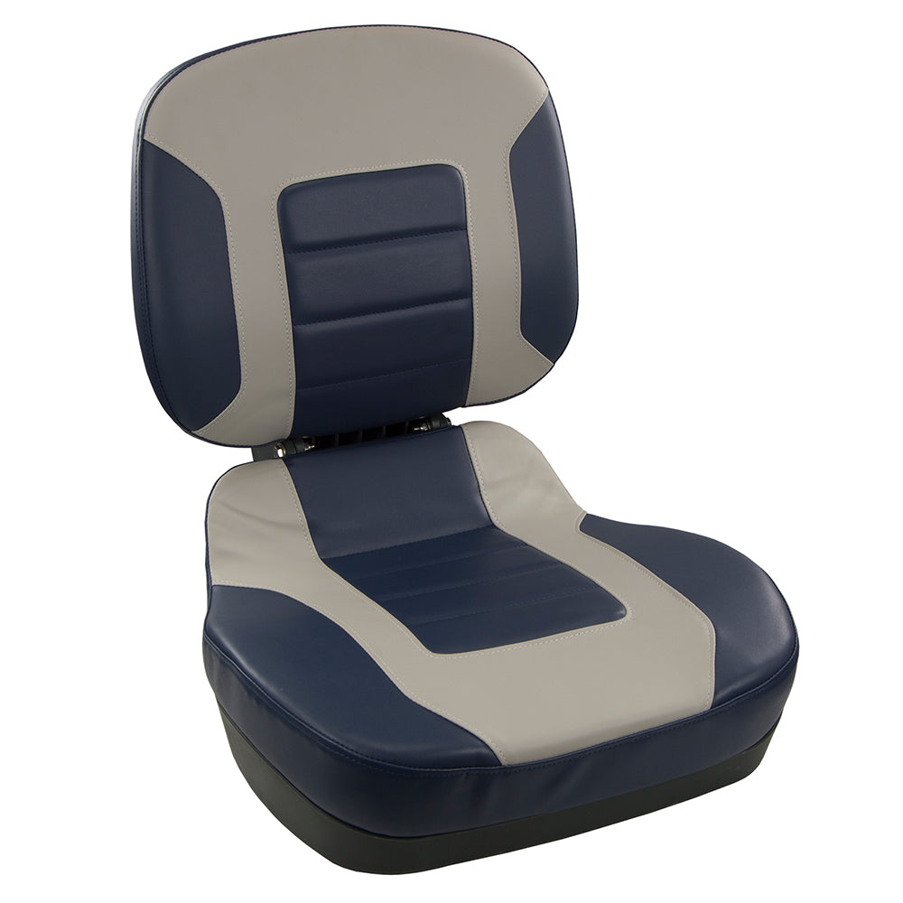 Springfield Fish Pro II Low Back Folding Boat Seat in Navy and Grey with marine-grade upholstery and ergonomic cushions