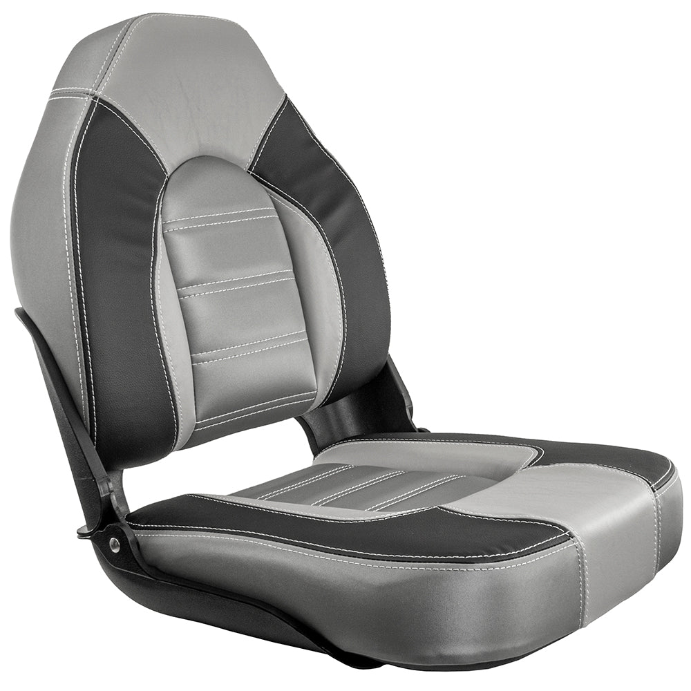 Springfield Skipper Premium HB Folding Boat Seat in Charcoal/Grey marine-grade vinyl with lumbar support