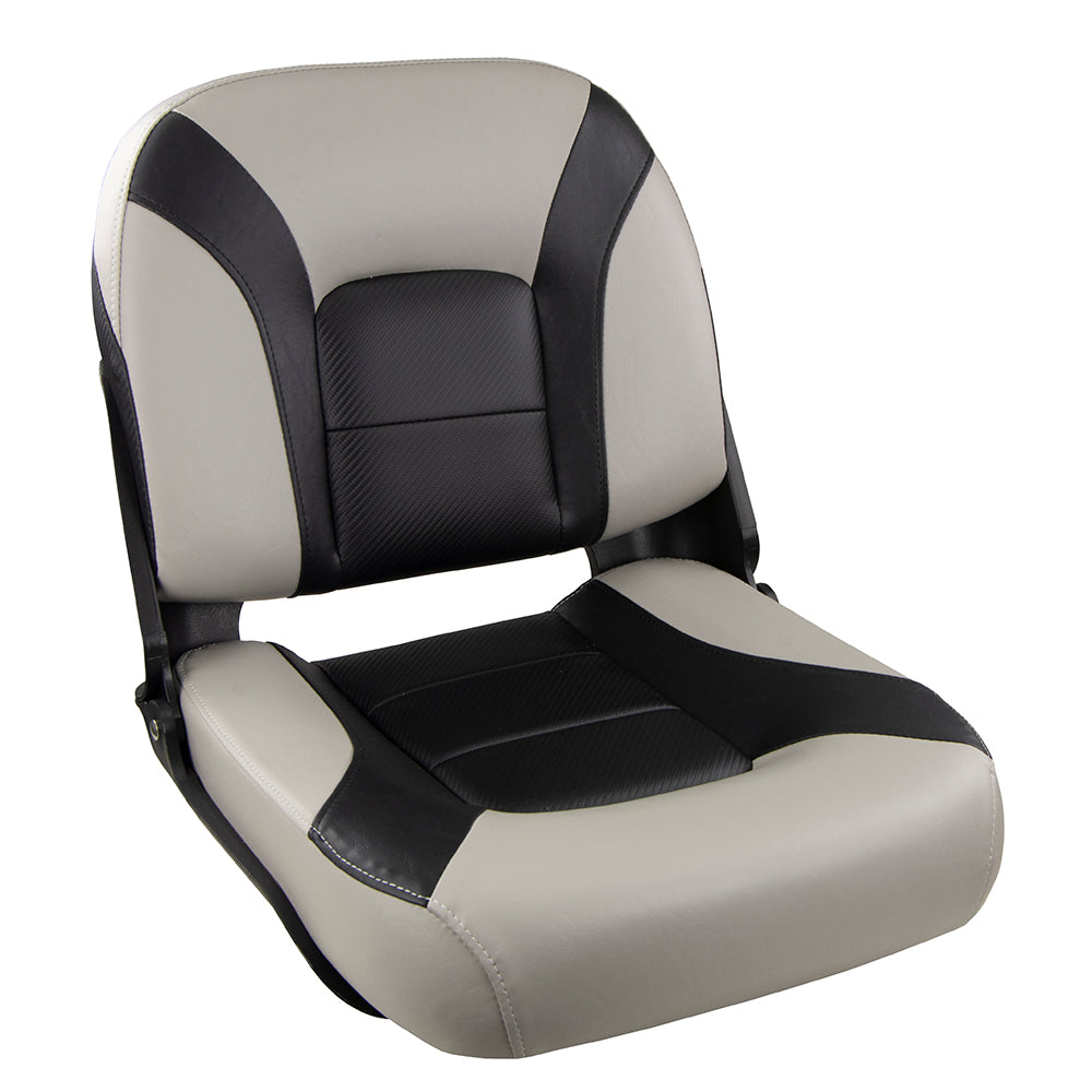 Springfield Skipper Premium LB Folding Boat Seat with lumbar support in Grey/Black and Blue/Grey marine-grade vinyl