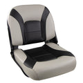 Springfield Skipper Premium LB Folding Boat Seat with lumbar support in Grey/Black and Blue/Grey marine-grade vinyl