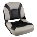 Springfield Skipper Premium LB Folding Boat Seat with lumbar support in Grey/Black and Blue/Grey marine-grade vinyl