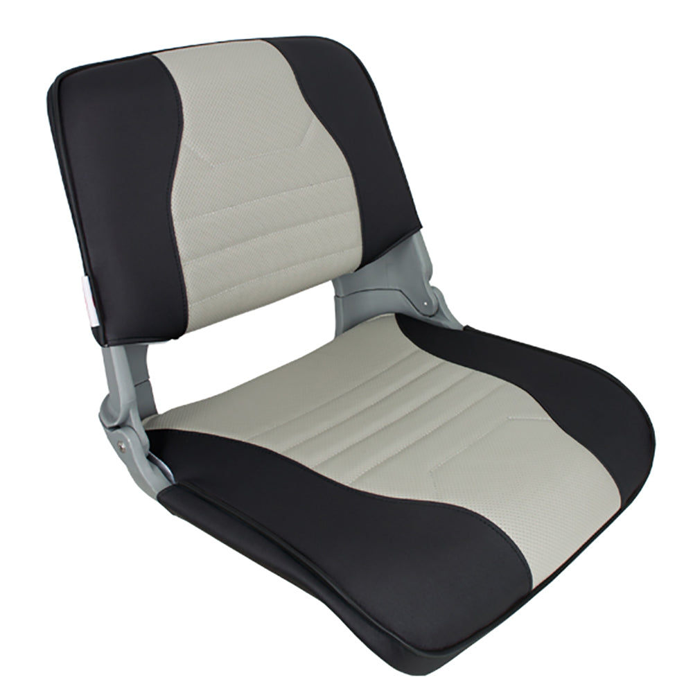 Springfield Skipper Deluxe Folding Boat Seat in Charcoal and Grey with injection-molded shell and weather-resistant upholstery
