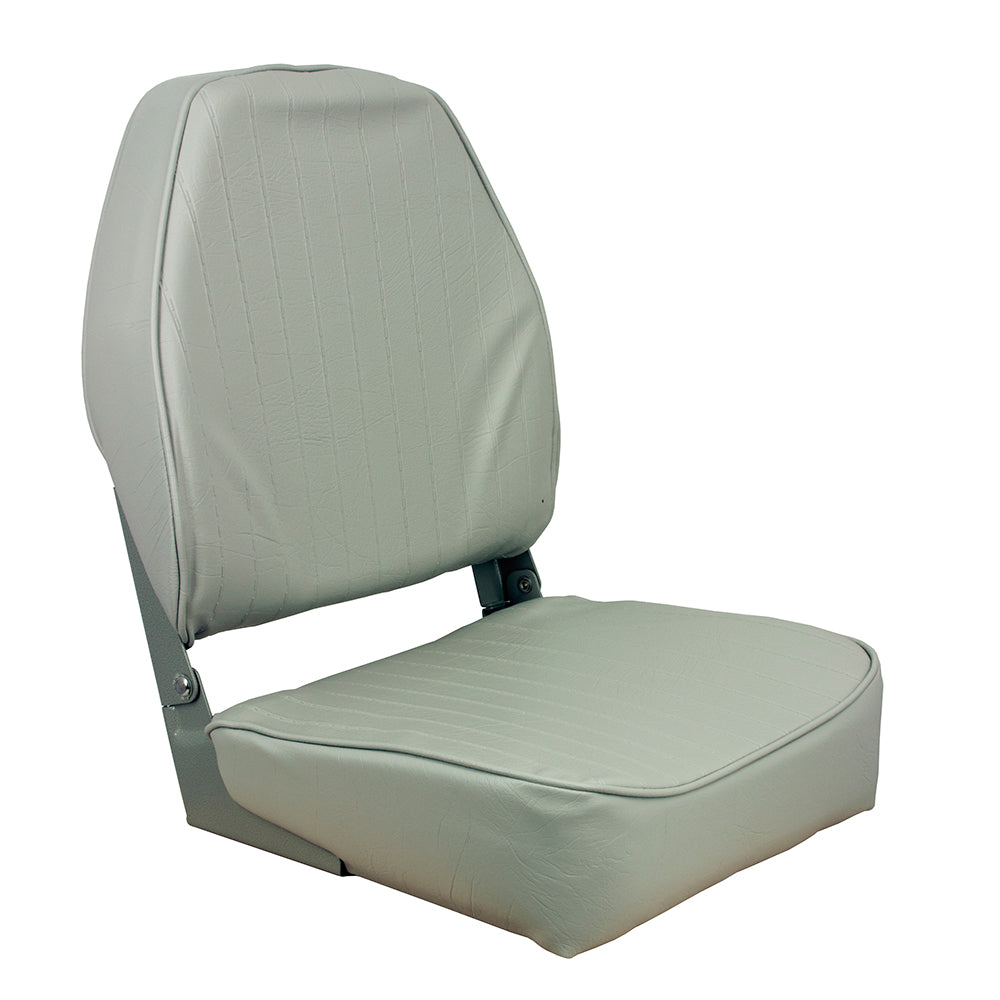 Springfield High Back Folding Boat Seat in Grey with cushioned upholstery and powder-coated aluminum hinges