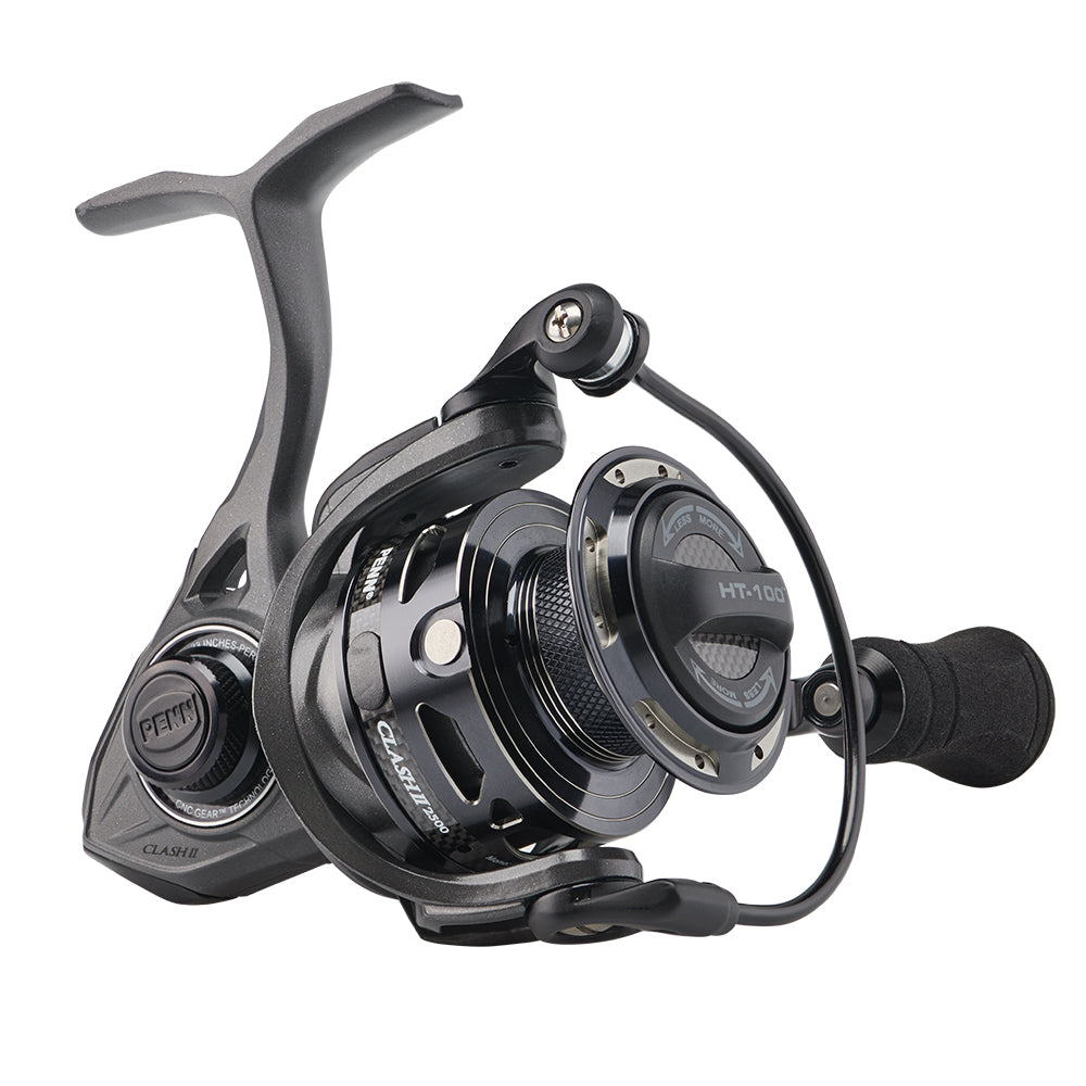 PENN Clash II CLAII2500 spinning reel in grey and black with CNC gear technology and HT-100 carbon fiber drag