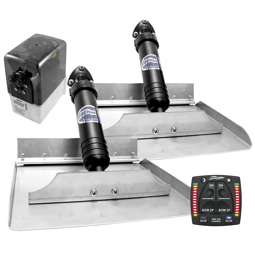 Bennett 12x12 hydraulic trim tab system with one-box indicator helm control and interlocking transom-mount tab design