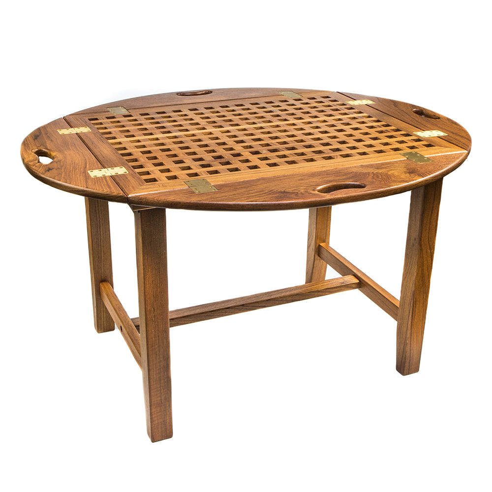 Whitecap teak butler's table with folding edge handles and removable serving tray top, oiled finish