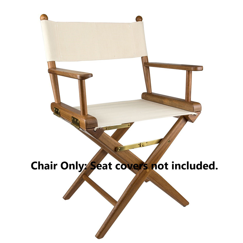 Whitecap teak director's chair with solid brass hardware and oiled finish, no seat covers, folded flat for storage