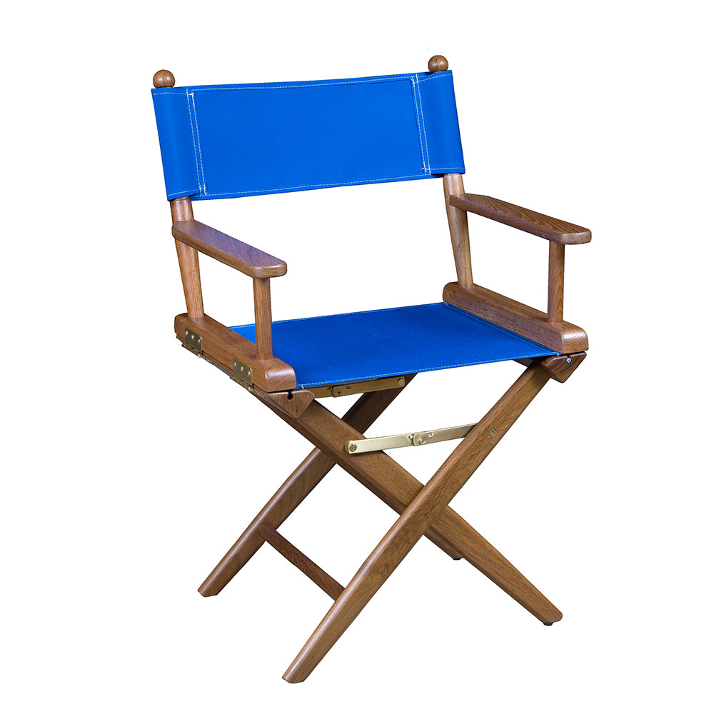 Whitecap teak director's chair with blue Sunbrella seat covers and solid brass hardware
