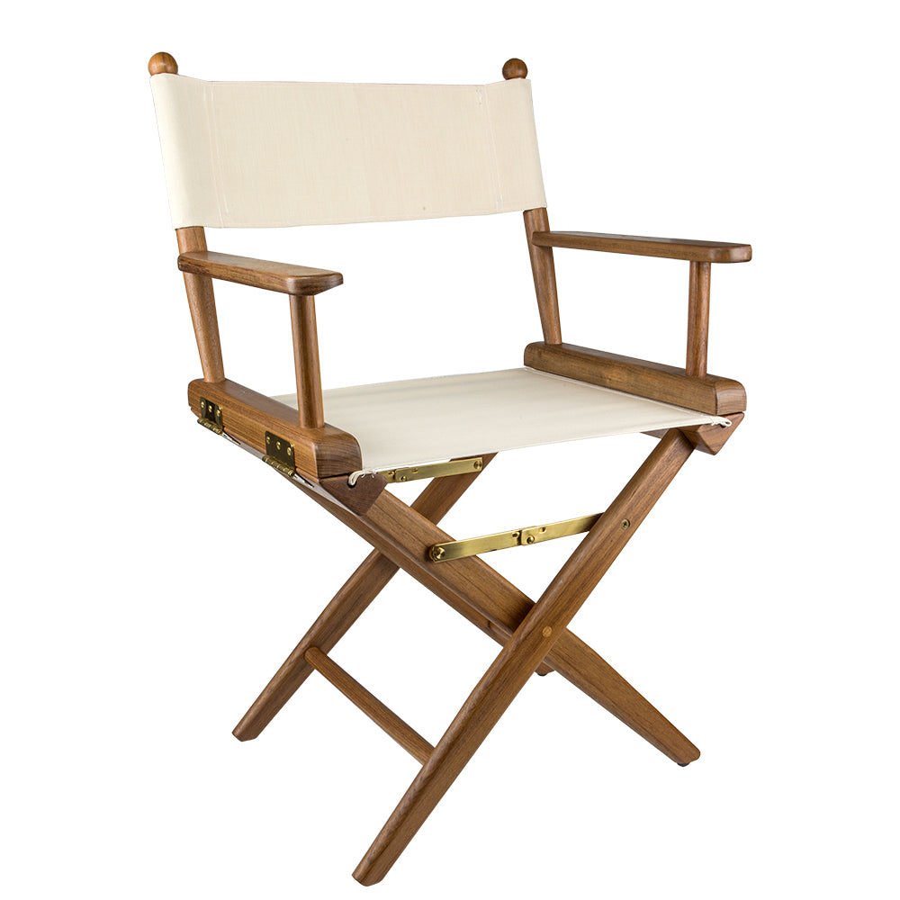 Whitecap teak folding director's chair with natural Sunbrella seat covers and solid brass hardware