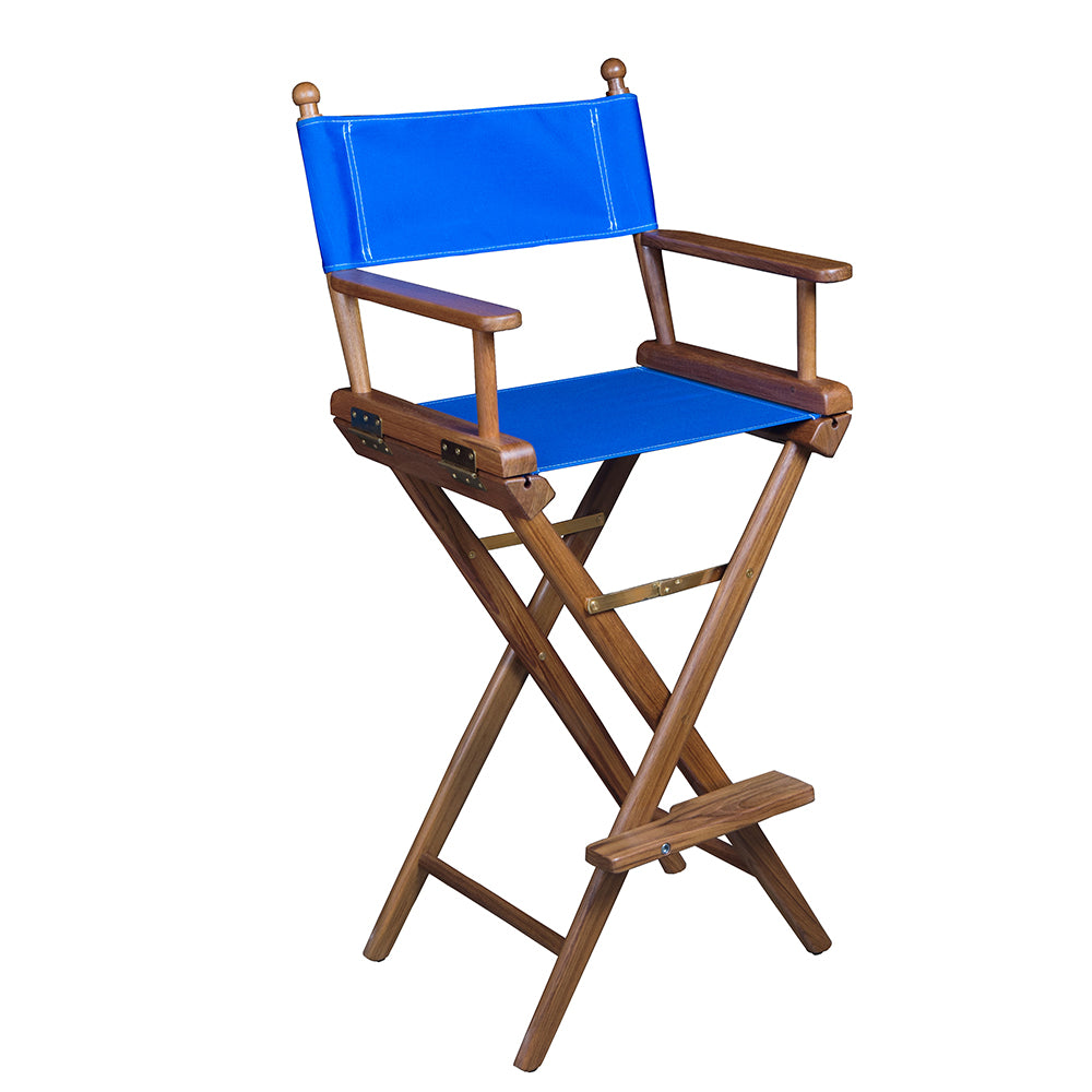 Whitecap teak captain's chair with blue Sunbrella seat covers and solid brass hardware, folded view