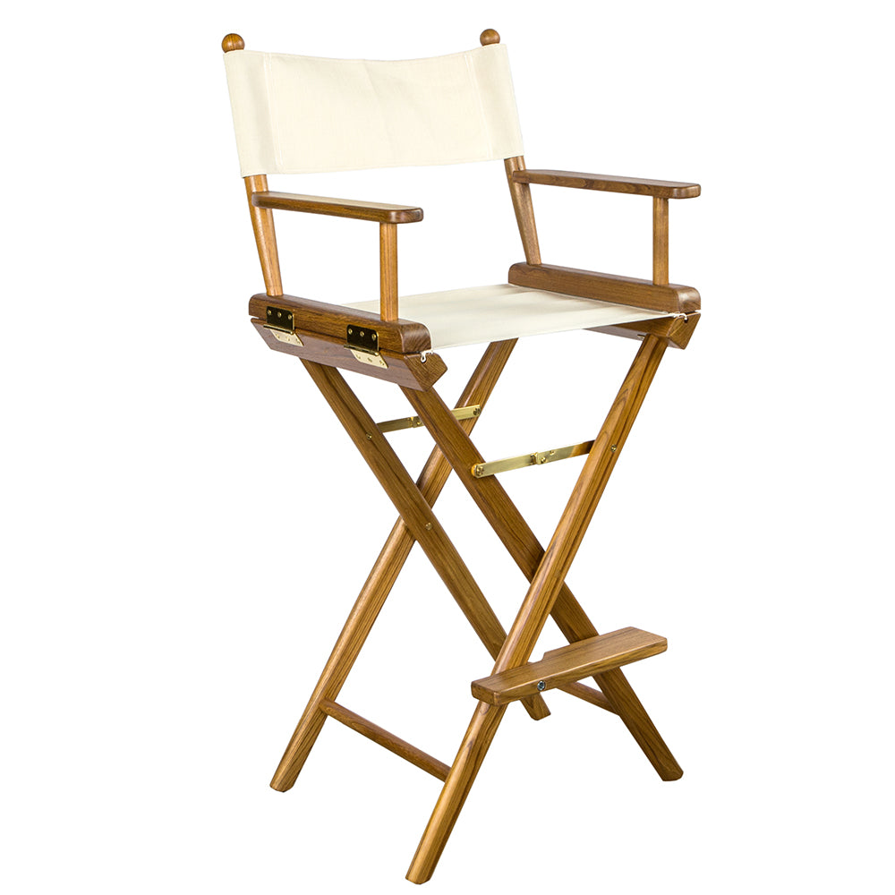 Whitecap teak captain's chair with natural Sunbrella seat covers and solid brass hardware, oiled finish, 30-inch seat height