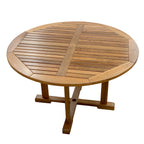 Whitecap 48-inch round solid teak dining table with slatted top and umbrella hole, seats 4