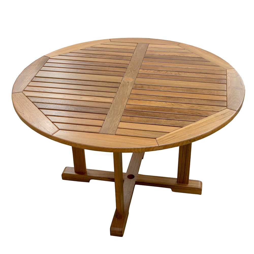 Whitecap 48-inch round solid teak dining table with slatted top and umbrella hole, seats 4
