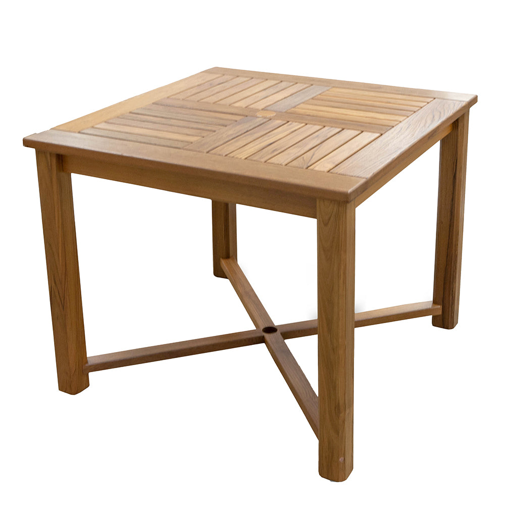 Whitecap solid teak 36-inch square dining table with slatted top and umbrella hole, seats 4