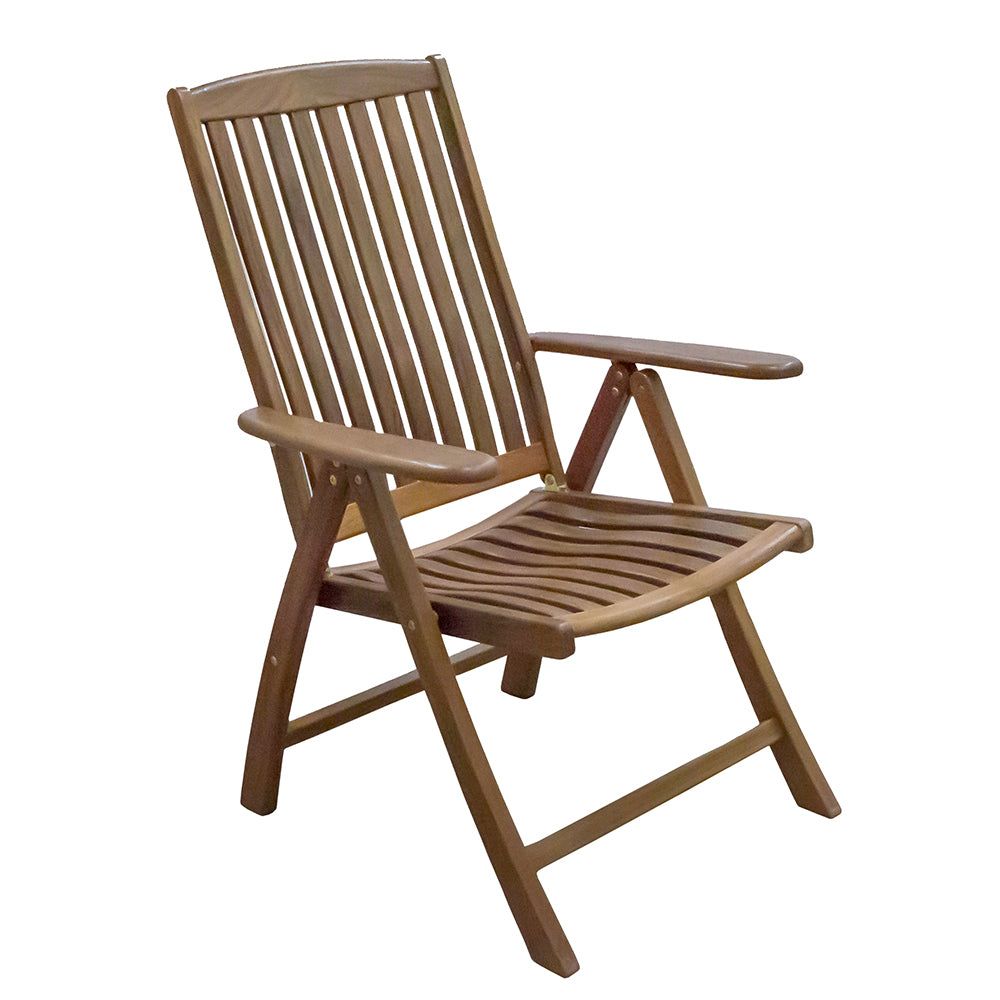 Whitecap solid teak reclining arm chair with oiled finish and 6-position adjustable back, shown open