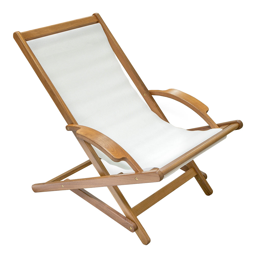 Whitecap teak sun chair with white nylon sling, oiled finish, folded flat for storage