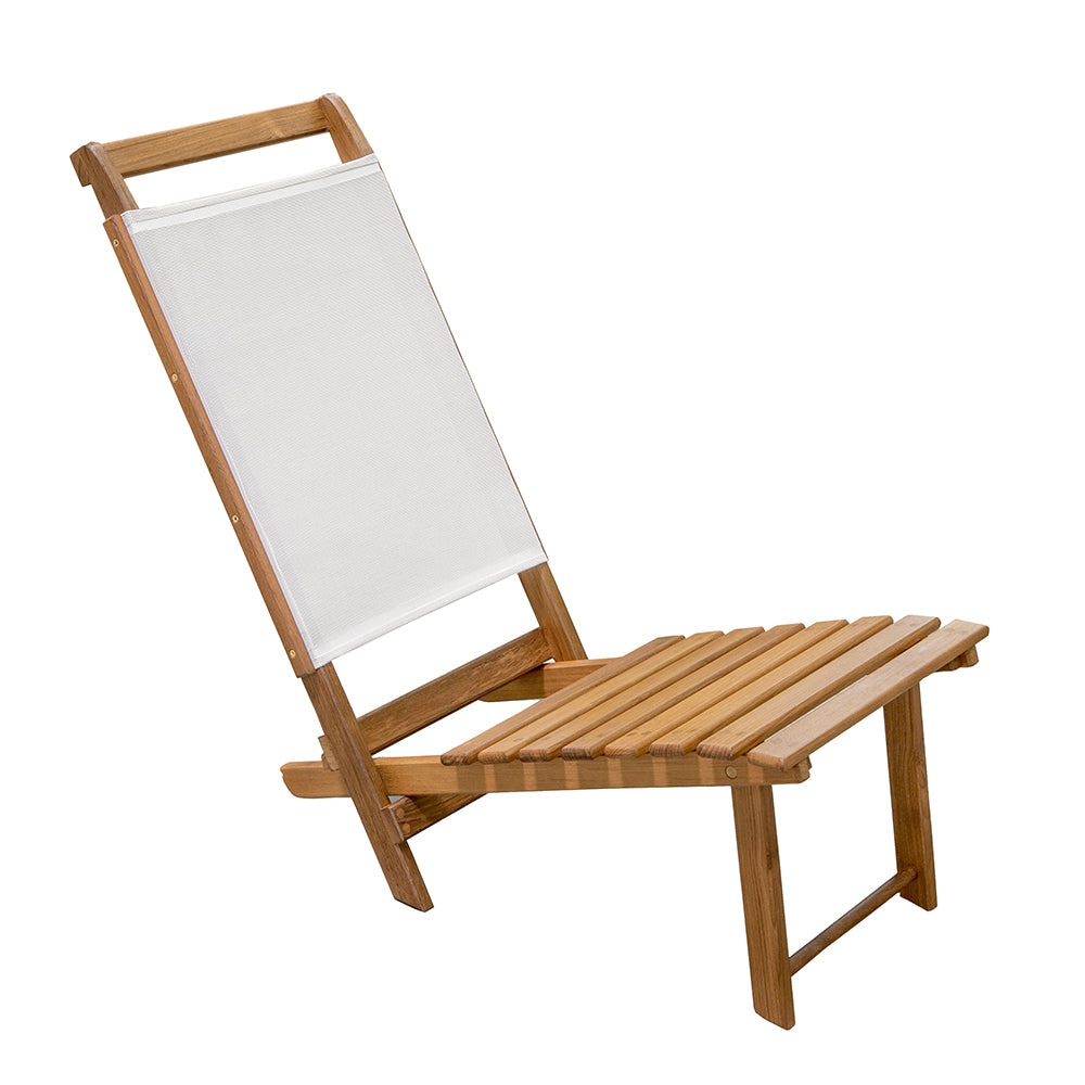 Whitecap Everywhere Chair with teak seat and white Batyline fabric back, folded and open views