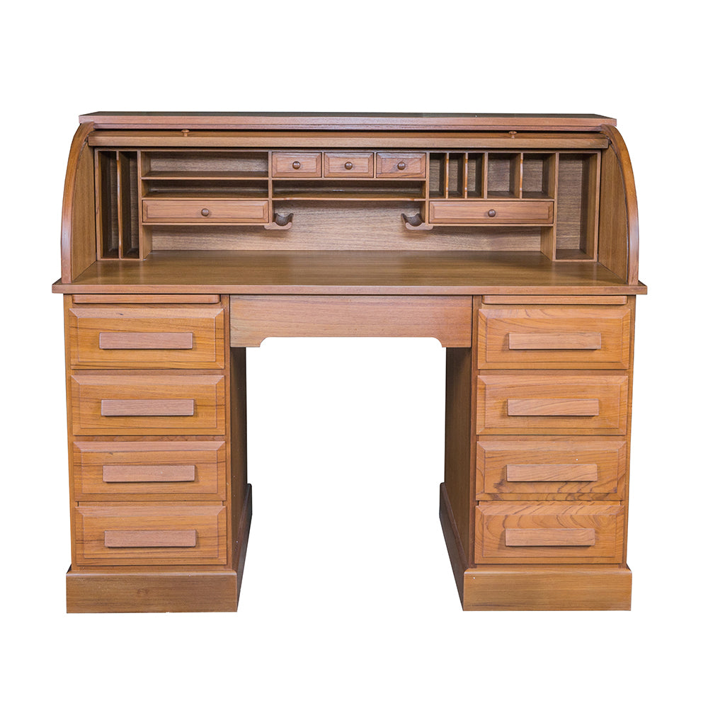 Whitecap solid teak roll-top desk with oiled finish, six drawers, and pull-out writing trays, fully assembled