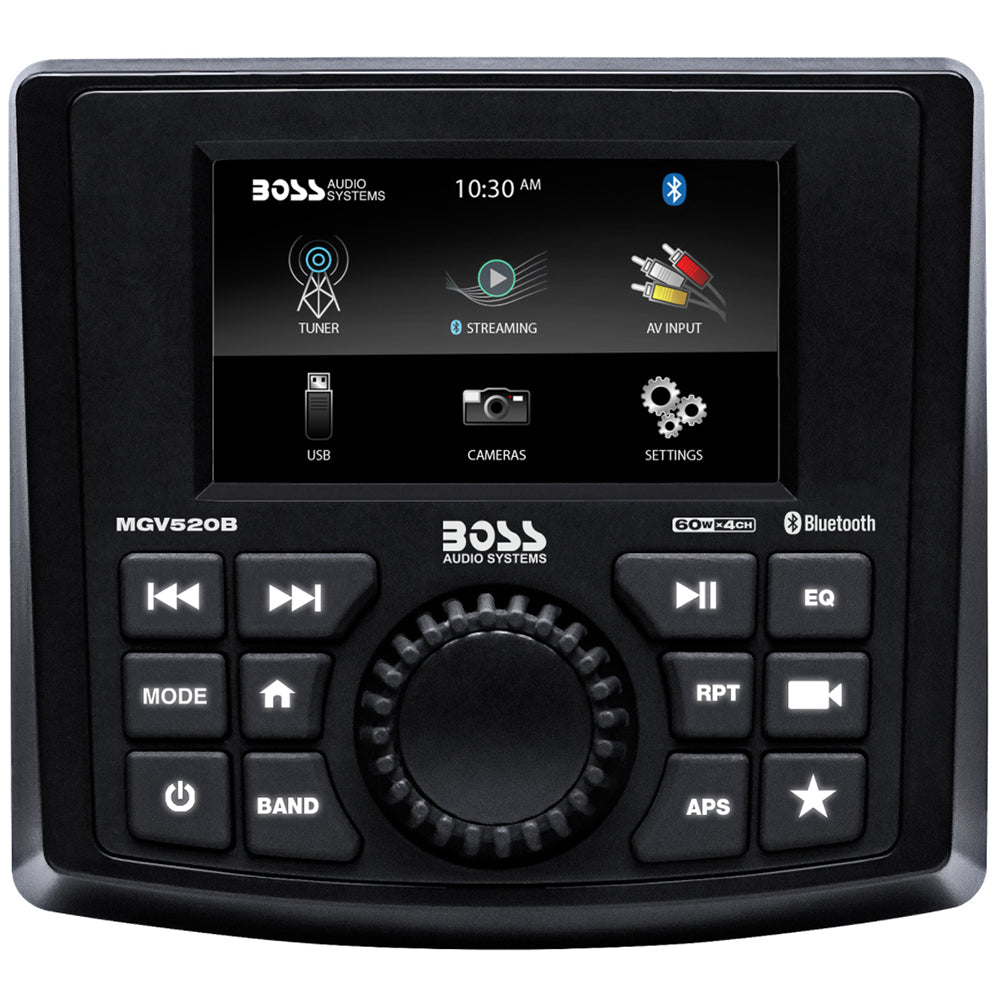 Boss Audio MGV520B gauge-style marine stereo with Bluetooth USB rear camera input and IPX6-rated display