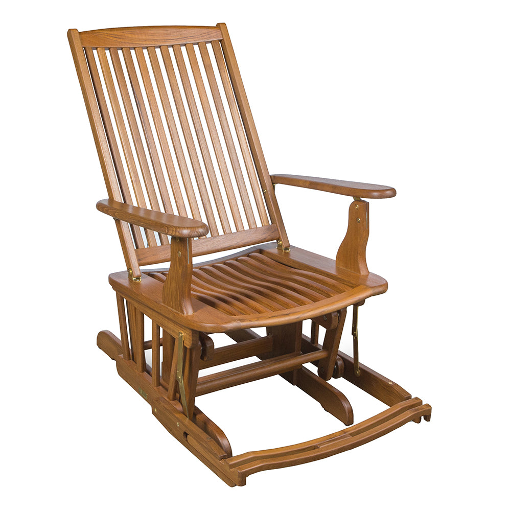 Whitecap teak glider chair with oiled finish and contoured seat, 24W x 40H x 31D inches