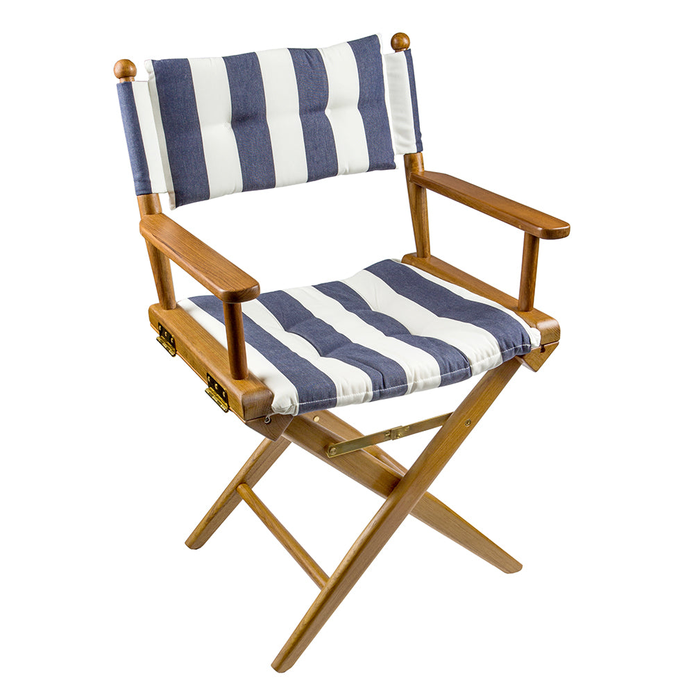 Whitecap folding teak director's chair with navy and white stripe cushion seat cover and stainless steel hardware