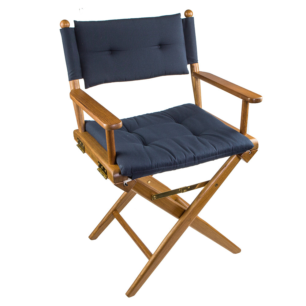 Whitecap teak folding director's chair with navy seat cushion and stainless steel hardware