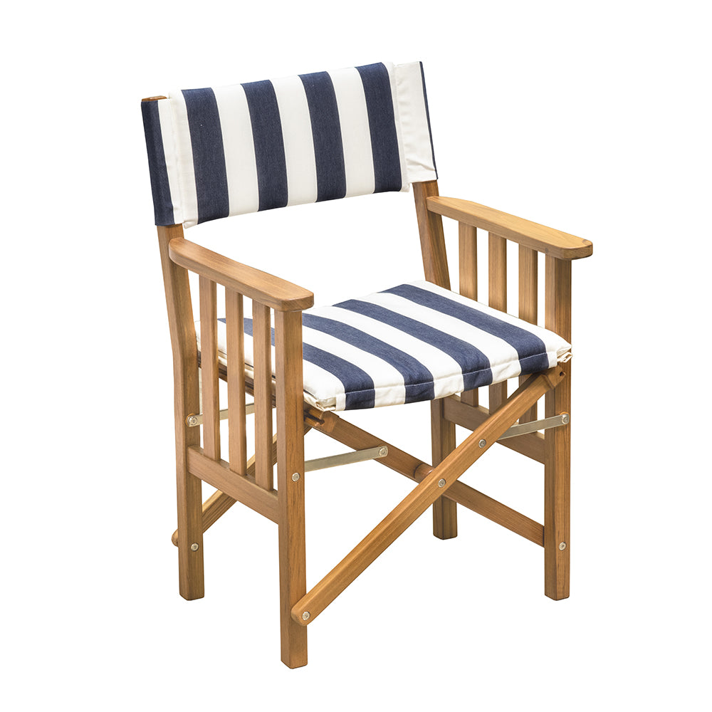 Whitecap Teak Director's Chair II with Navy and White stripe cushion, folding frame, stainless hardware