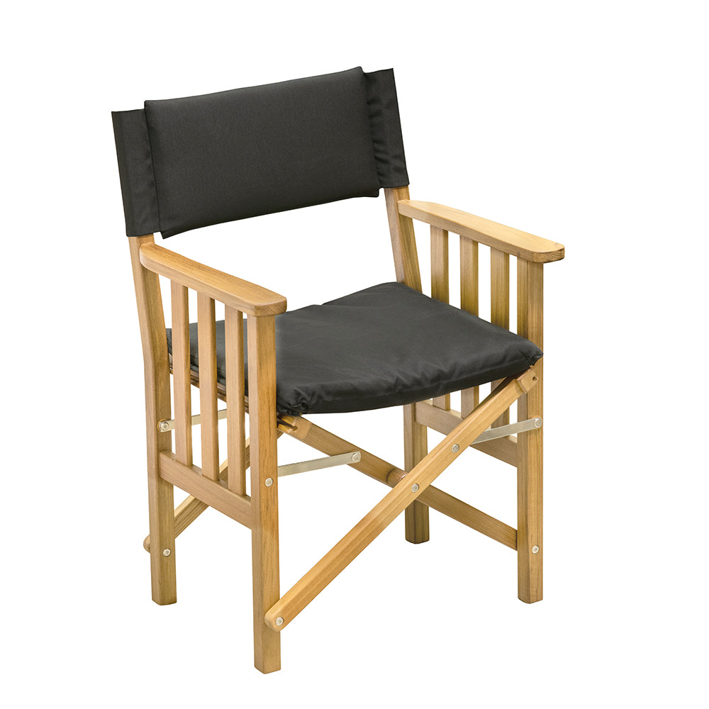Whitecap teak Director's Chair II with black padded Dralon cushion and stainless steel hardware, folded for storage